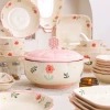 Bộ bát đĩa chén sứ hoa lá viền hồng dễ thương cho bếp ấm, cúng lễ, chỉ 329.000₫