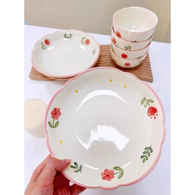 Bộ bát đĩa chén sứ hoa lá viền hồng dễ thương cho bếp ấm, cúng lễ, chỉ 329.000₫ 6