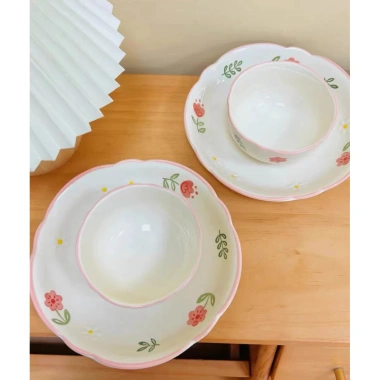 Bộ bát đĩa chén sứ hoa lá viền hồng dễ thương cho bếp ấm, cúng lễ, chỉ 329.000₫ 7