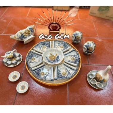 Bộ Bát Đĩa Cúng Gia Tiên Bát Tràng - Hoa Mặt Trời, Men Rạn Đắp Nổi, Hoạ Tiết Sen, Gốm Sứ Cao Cấp, Giá 720.000