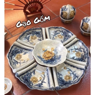 Bộ Bát Đĩa Cúng Gia Tiên Bát Tràng - Hoa Mặt Trời, Men Rạn Đắp Nổi, Hoạ Tiết Sen, Gốm Sứ Cao Cấp, Giá 720.000