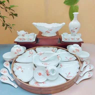 Bộ Bát Đĩa Cúng Gia Tiên Đầy Đủ - Hoa Mặt Trời Gốm Sứ Bát Tràng Cao Cấp 45cm