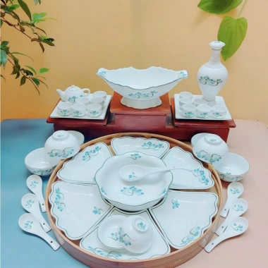 Bộ Bát Đĩa Cúng Gia Tiên Đầy Đủ - Hoa Mặt Trời Gốm Sứ Bát Tràng Cao Cấp 45cm