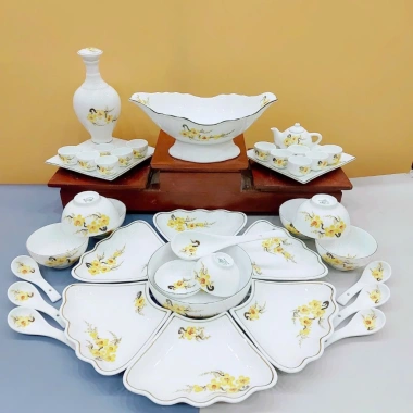 Bộ Bát Đĩa Cúng Gia Tiên Đầy Đủ - Hoa Mặt Trời Gốm Sứ Bát Tràng Cao Cấp 45cm