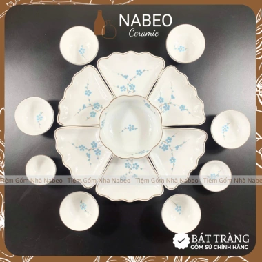 Bộ Bát Đĩa Cúng Gia Tiên Hoa Mai Xanh Gốm Sứ Bát Tràng và Bộ Mặt Trời Thắp Hương
