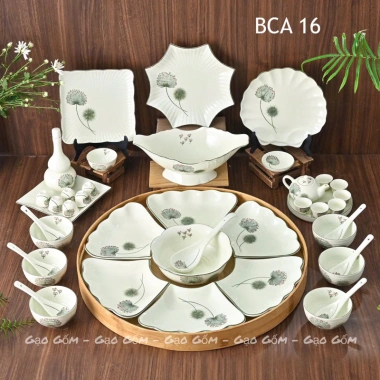 Bộ Bát Đĩa Cúng Gia Tiên Hoa Mặt Trời - Gốm Bát Tràng 45-55cm, Họa Tiết Hoa Lá - 305.000 VND