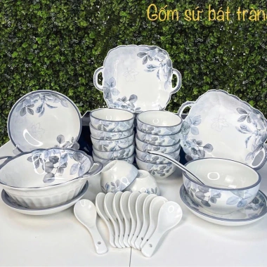 Bộ bát đĩa Diệp Hồng 30 món - 10 bát, 1 tô quai, 2 đĩa vuông, 3 đĩa tròn, 10 thìa - Giá chỉ 389.000đ