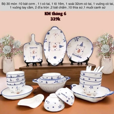 Bộ bát đĩa Diêp Hồng 30 món 10 bát 2 tô 4 đĩa tròn 1 đĩa soài 2 chấm 10 thìa 1 muỗng canh - Giá 139.000 VND 9