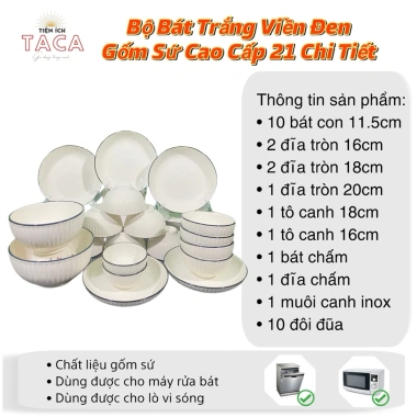 Bộ bát đĩa gốm sứ cao cấp trắng viền đen - Sang trọng, bền bỉ, giá chỉ 150.000₫ 2