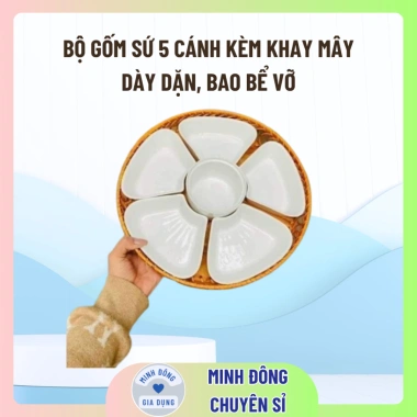 Bộ bát đĩa hoa mai 5 cánh và khay mây dày đẹp, chất lượng cao, giảm còn 110.000₫