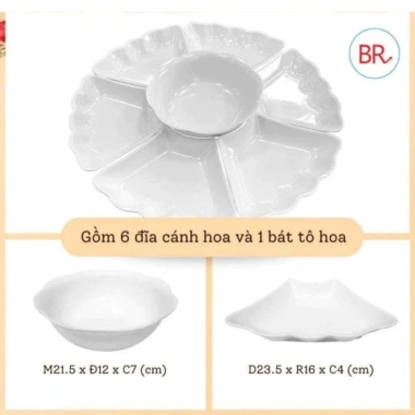 Bộ Bát Đĩa Hoa Mặt Trời 7 Món - 6 Đĩa Cánh Hoa + 1 Bát Tô, Giá ưu đãi 40.000đ, phù hợp lễ giỗ, Tết