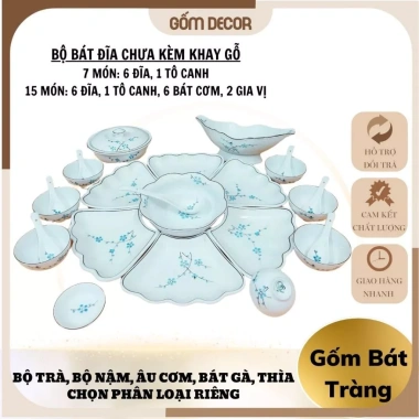 Bộ Bát Đĩa Hoa Mặt Trời Đào Xanh Men Trắng - Cúng Gia Tiên Gốm Sứ Bát Tràng, 220.000₫