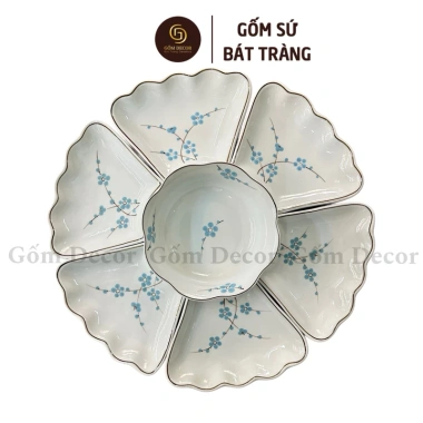 Bộ Bát Đĩa Hoa Mặt Trời Đào Xanh Men Trắng - Cúng Gia Tiên Gốm Sứ Bát Tràng, 220.000₫