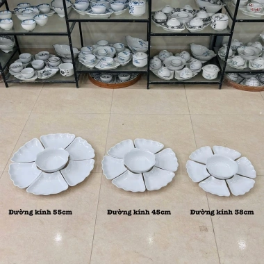 Bộ Bát Đĩa Hoa Mặt Trời Đào Xanh Men Trắng - Cúng Gia Tiên Gốm Sứ Bát Tràng, 220.000₫