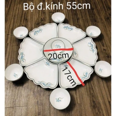 Bộ Bát Đĩa Hoa Mặt Trời Đào Xanh Men Trắng - Cúng Gia Tiên Gốm Sứ Bát Tràng, 220.000₫