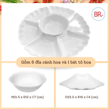 Bộ bát đĩa hoa mặt trời HGHOME nhựa trắng trơn - Thắp hương thờ cúng, giá ưu đãi 50.000đ