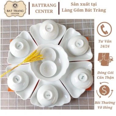 Bộ bát đĩa Hoa Mặt Trời men trắng sứ Bát Tràng Mâm cúng Tết, mồng 1, ngày rằm, giảm giá 18%
