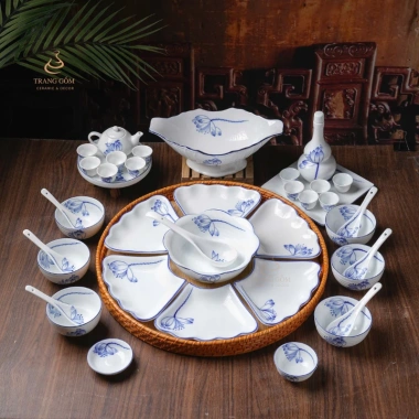 Bộ bát đĩa Hoa Mặt Trời sứ Bát Tràng men kem cao cấp cúng gia tiên 45x55cm - Giá ưu đãi 320.000
