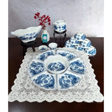 Bộ bát đĩa hoa mặt trời vẽ rồng phượng thờ cúng, 3 size 38‑45‑54cm - Sứ Bát Tràng, giảm giá 480.000đ