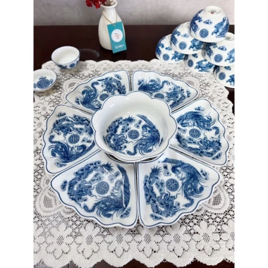 Bộ bát đĩa hoa mặt trời vẽ rồng phượng thờ cúng, 3 size 38‑45‑54cm - Sứ Bát Tràng, giảm giá 480.000đ
