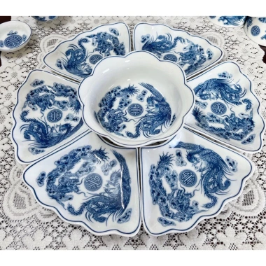 Bộ bát đĩa hoa mặt trời vẽ rồng phượng thờ cúng, 3 size 38‑45‑54cm - Sứ Bát Tràng, giảm giá 480.000đ