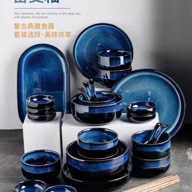 Bộ bát đĩa men xanh lam cao cấp - Decor nhà bếp, chỉ 40.000₫ (giá gốc 50.400)