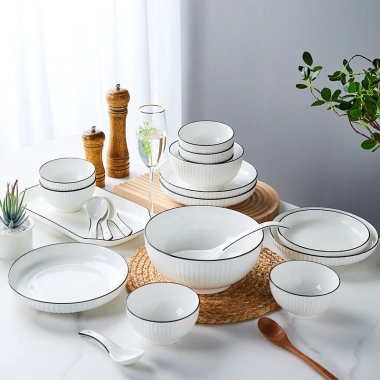 Bộ bát đĩa sét 20 chi tiết hoa văn trắng viền đen Men cao cấp giảm giá 250.000₫ 3