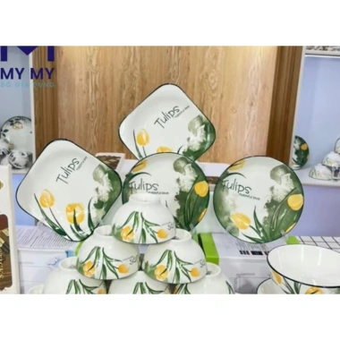 Bộ bát đĩa sét 20 chi tiết hoa văn trắng viền đen Men cao cấp giảm giá 250.000₫ 7