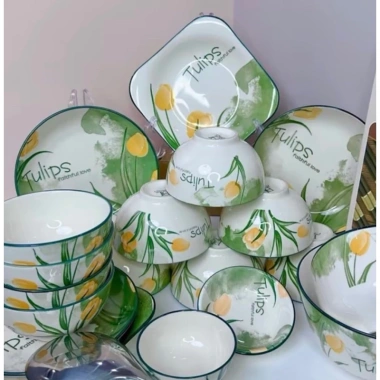 Bộ bát đĩa sét 20 chi tiết hoa văn trắng viền đen Men cao cấp giảm giá 250.000₫ 8