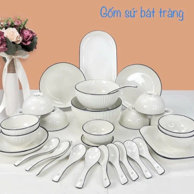 Bộ bát đĩa sọc trắng 30 món - 10 bát, 2 tô, 4 đĩa tròn, 1 đĩa vuông tay, 2 chấm, 10 thìa - Giá chỉ 139.000₫