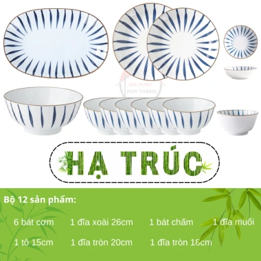 Bộ Bát Đĩa Sứ 12 Cái Họa Tiết Hạ Trúc Giá 365k, Bộ Gia Đình Đầm Ấm Bán Lẻ