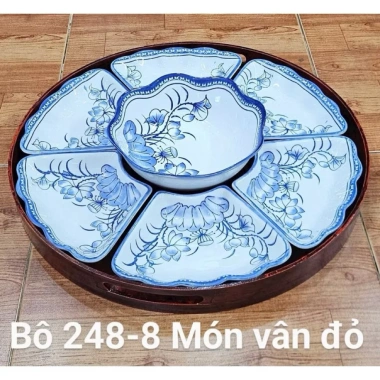 Bộ bát đĩa sứ 22 món, khay hoa mặt trời, sét đĩa trắng viền đen 48cm Giá 199k