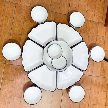 Bộ bát đĩa sứ 22 món, khay hoa mặt trời, sét đĩa trắng viền đen 48cm Giá 199k