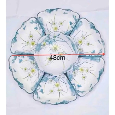 Bộ bát đĩa sứ 22 món, khay hoa mặt trời, sét đĩa trắng viền đen 48cm Giá 199k