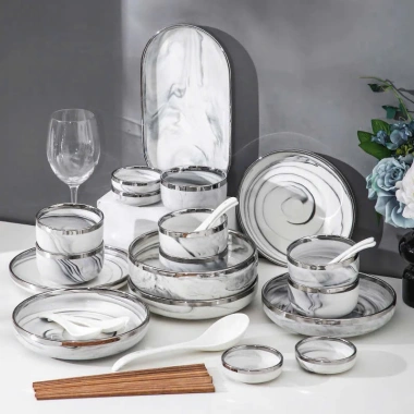 Bộ Bát Đĩa Sứ 26 Món Viền Vàng Bắc Âu - 6 Người, Sang Trọng, Giá 1,315,000₫