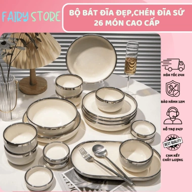 Bộ Bát Đĩa Sứ 26 Món Viền Vàng, Phong Cách Bắc Âu, Dùng cho 6 Người - Sang Trọng