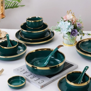 Bộ Bát Đĩa Sứ 26 Món Viền Vàng, Phong Cách Bắc Âu, Dùng cho 6 Người - Sang Trọng 3 Bộ Bát Đĩa Sứ 26 Món Viền Vàng, Phong Cách Bắc Âu, Dùng cho 6 Người - Sang Trọng 3