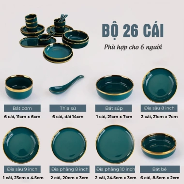 Bộ Bát Đĩa Sứ 26 Món Viền Vàng, Phong Cách Bắc Âu, Dùng cho 6 Người - Sang Trọng 4 Bộ Bát Đĩa Sứ 26 Món Viền Vàng, Phong Cách Bắc Âu, Dùng cho 6 Người - Sang Trọng 4