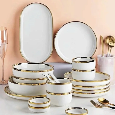 Bộ Bát Đĩa Sứ 26 Món Viền Vàng, Phong Cách Bắc Âu, Dùng cho 6 Người - Sang Trọng