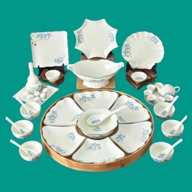 Bộ bát đĩa sứ Bát Tràng vẽ sen xanh thờ cúng, xếp tròn 3 size 38-45-54cm - Giá ưu đãi 260.000₫