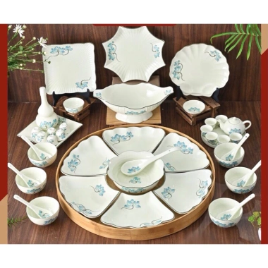 Bộ bát đĩa sứ Bát Tràng vẽ sen xanh thờ cúng, xếp tròn 3 size 38-45-54cm - Giá ưu đãi 260.000₫