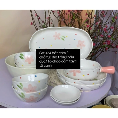 Bộ bát đĩa sứ bông hoa chấm bi dễ thương – 7 món, cho bếp ấm & cúng, giảm giá