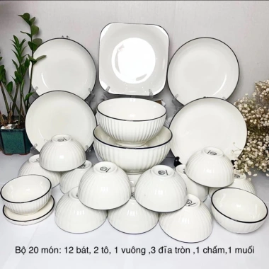 Bộ Bát Đĩa Sứ BT Cao Cấp Trắng Viền Đen Men Sáng Mịn - Giá chỉ 95.000đ, giảm 21.850đ