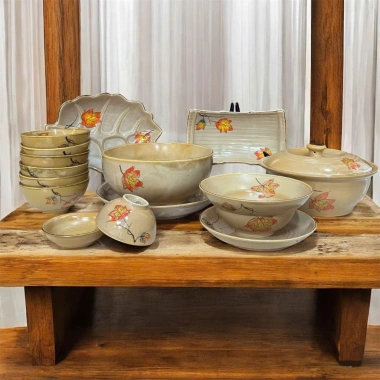 Bộ Bát Đĩa Sứ Cao Cấp Bát Tràng Hoạ Tiết Hoàng Thổ – Lá Phong, Gia Đình, Quà Tặng 650k