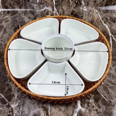 Bộ Bát Đĩa Sứ Cao Cấp Hoa Mai M198: Kèm Khay Mây Đựng Thức Ăn Thờ Cúng 2