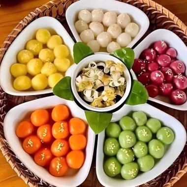 Bộ Bát Đĩa Sứ Cao Cấp Hoa Mai M198: Kèm Khay Mây Đựng Thức Ăn Thờ Cúng 5