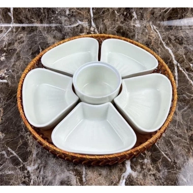 Bộ Bát Đĩa Sứ Cao Cấp Hoa Mai M198: Kèm Khay Mây Đựng Thức Ăn Thờ Cúng 10