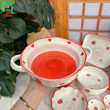 Bộ bát đĩa sứ Gấu Dâu Tây - Chén bát Decor viền đỏ, bát ăn cơm dễ thương, giá 59,400₫ 4