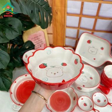 Bộ bát đĩa sứ Gấu Dâu Tây - Chén bát Decor viền đỏ, bát ăn cơm dễ thương, giá 59,400₫ 6