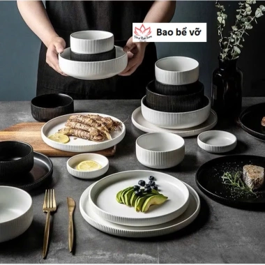 Bộ bát đĩa sứ Hàn cao cấp vân sọc Giá chỉ 21.000₫ phong cách nhà hàng sang trọng
